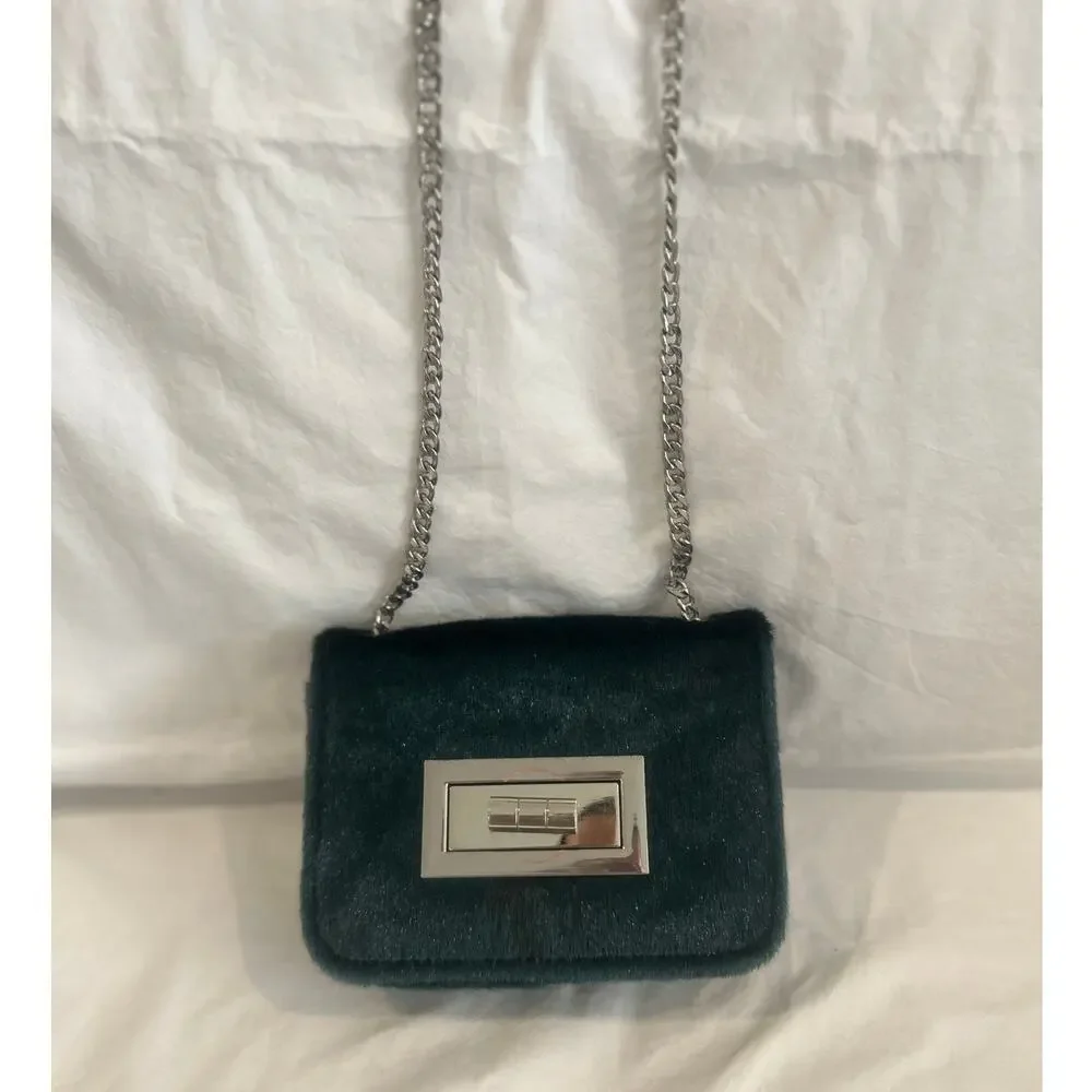 FREE PEOPLE Deep Emerald Green Faux Calf Hair Mini Crossbody Bag Silver Chain